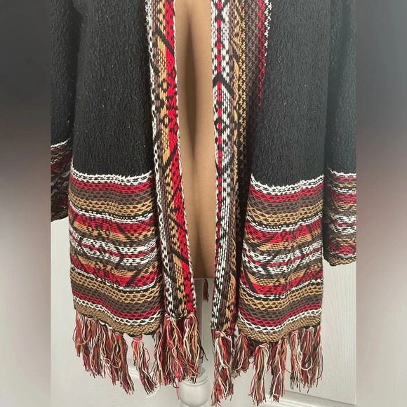 Ruby Rd. black southwest print 3/4 sleeve fringed open cardigan Size Large - Picture 5 of 9